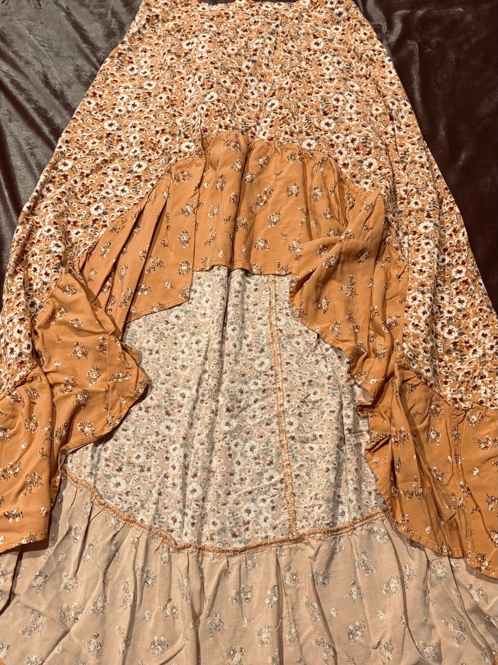 Floral Tiered Maxi Skirt in Mustard Brown